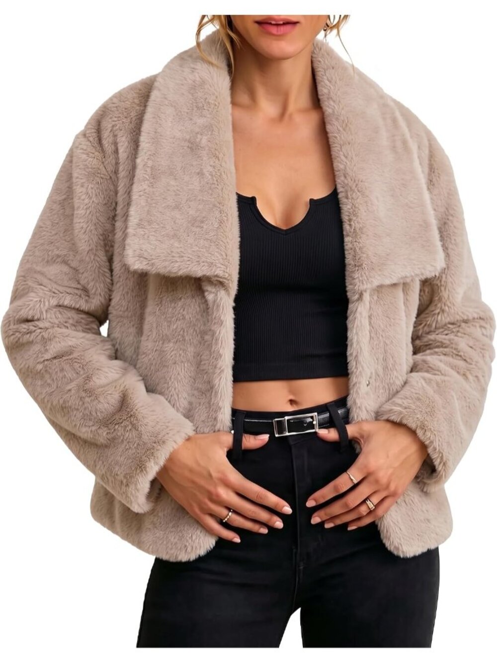 Women's Khaki Faux Fur Jackets Coats Oversized Winter Outerwear's Side Pockets